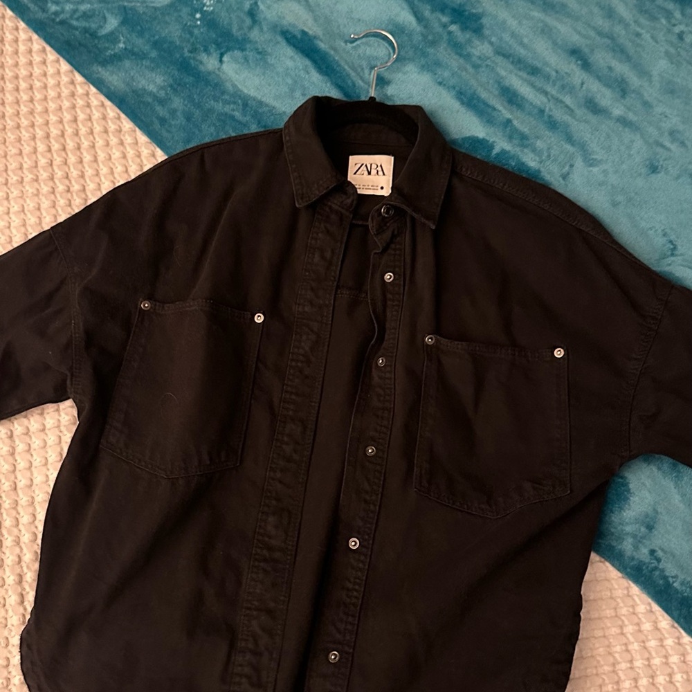 Zara Dark Black Snap-Front Overshirt